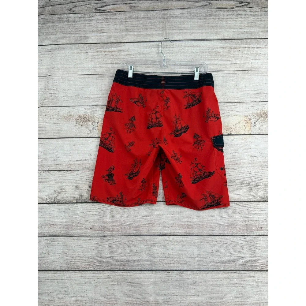 Vintage Y2K Quiksilver Board Shorts Mens 31 Red Pirate Ship Skeleton Nautical